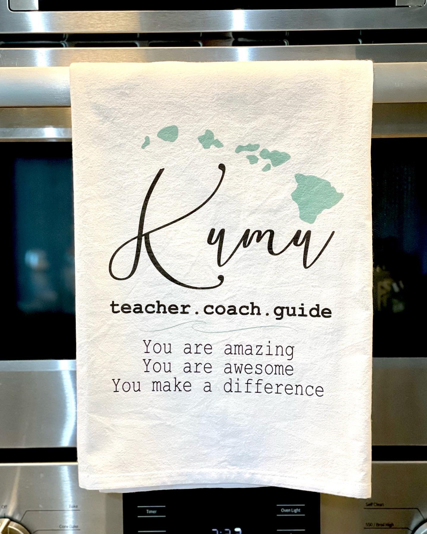 Pop-Up Mākeke - Sal Terrae - Flour Sack Kitchen Towel - Amazing KumuTeacher - Front View