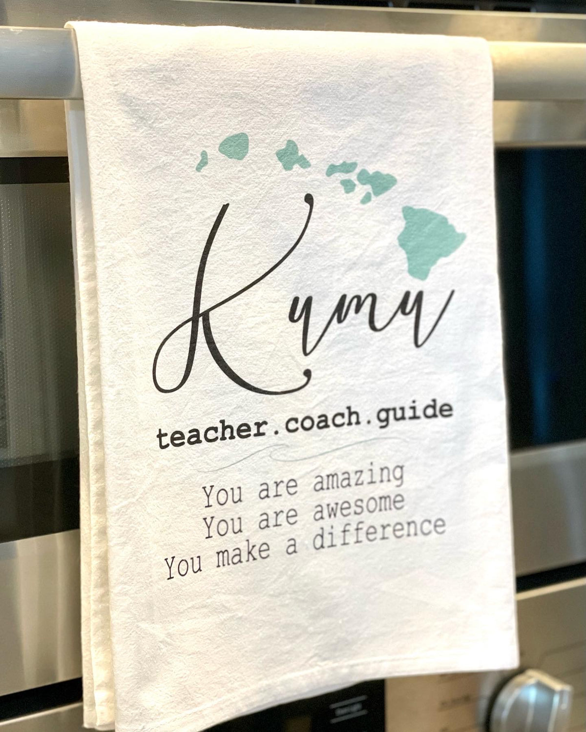 Pop-Up Mākeke - Sal Terrae - Flour Sack Kitchen Towel - Amazing KumuTeacher - Side View