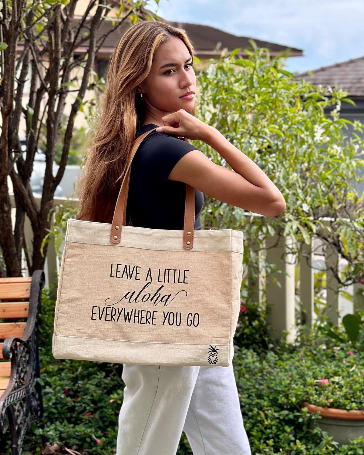 Pop-Up Mākeke - Sal Terrae - "Leave a Little Aloha" Market Tote Bag - In Use