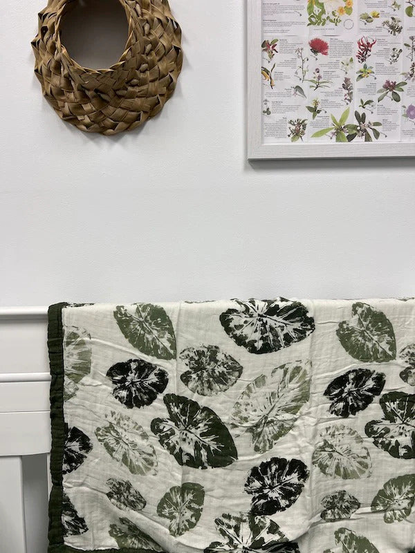 Pop-Up Mākeke - The Keiki Department - Kalo Stamp Keiki Size Bamboo Muslin Kapa Moe Quilt