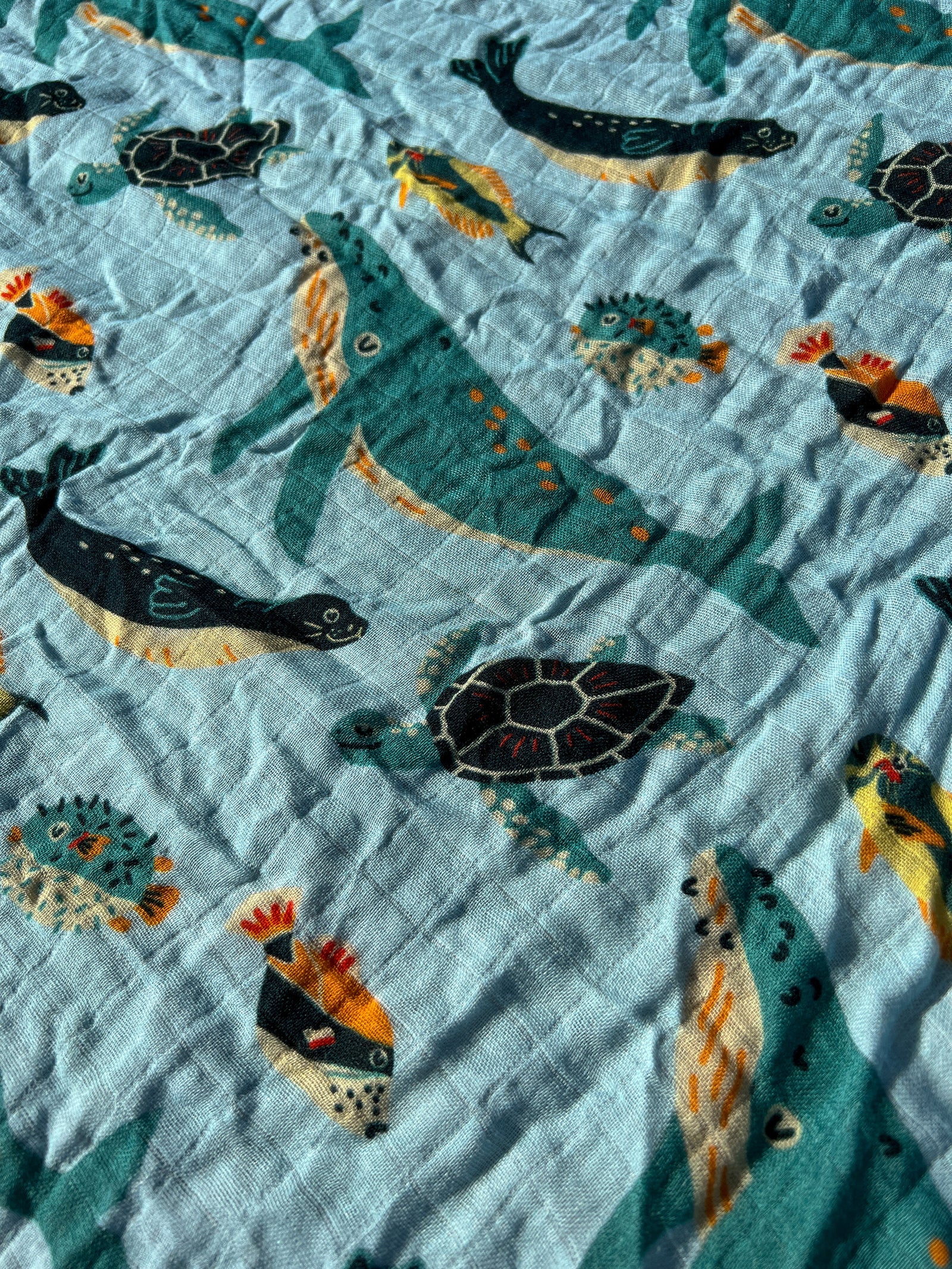 Pop-Up Mākeke - The Keiki Department - Ocean Friends Bamboo Muslin Kapa Moe (Swaddle Blanket) - Close Up