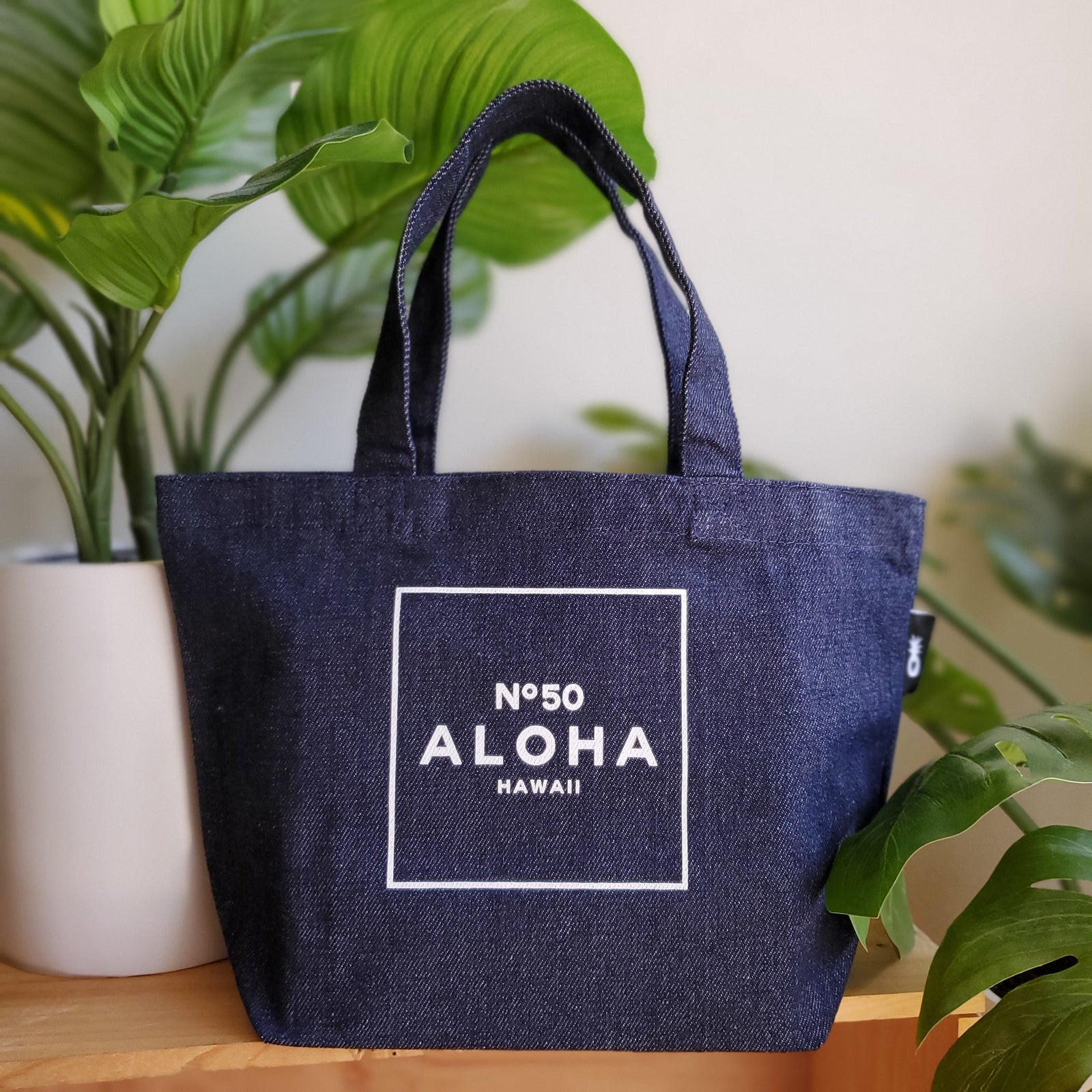 Pop-Up Mākeke - Workshop 28 HI - Aloha No. 50 Mini Tote Bag - Denim - Front View